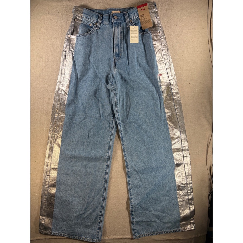 Levi's Cinch Baggy Jeans Womens 31 Silver Metallic Side Stripe High Ris Wide NWT